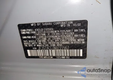 2022 Subaru Crosstrek Premium из США, поврежденный, VIN JF2GTACC7N9221567